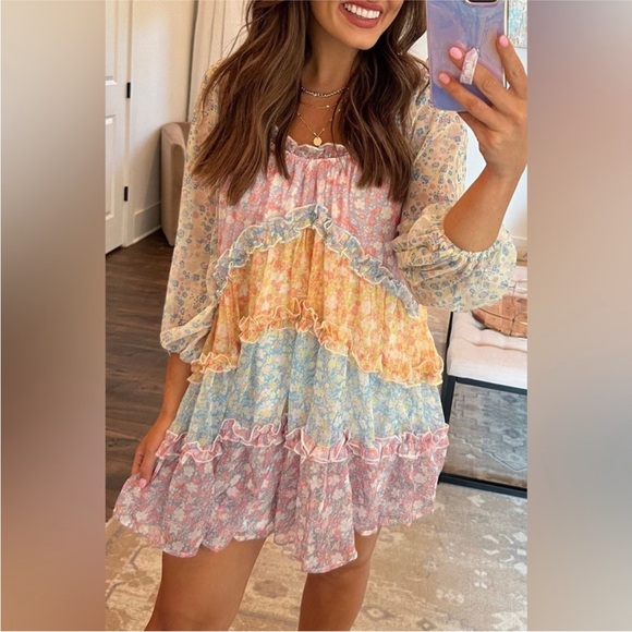 Love Colette Maisie Mini Cottage Babydoll Patchwork Floral Off-Shoulder L Dress - Picture 3 of 13